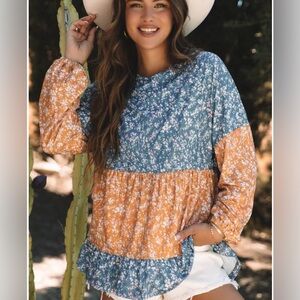 Orange Floral Color Block Patchwork Ruffled Hem Round Neck Blouse